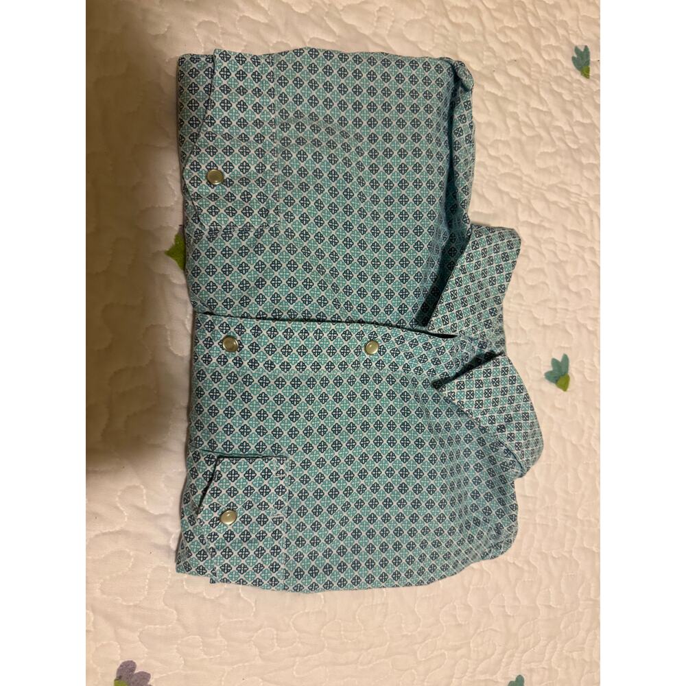 Wrangler Wrancher Men Shirt Size L Turquoise Navy Blue Pearl Snaps - Picture 4 of 8